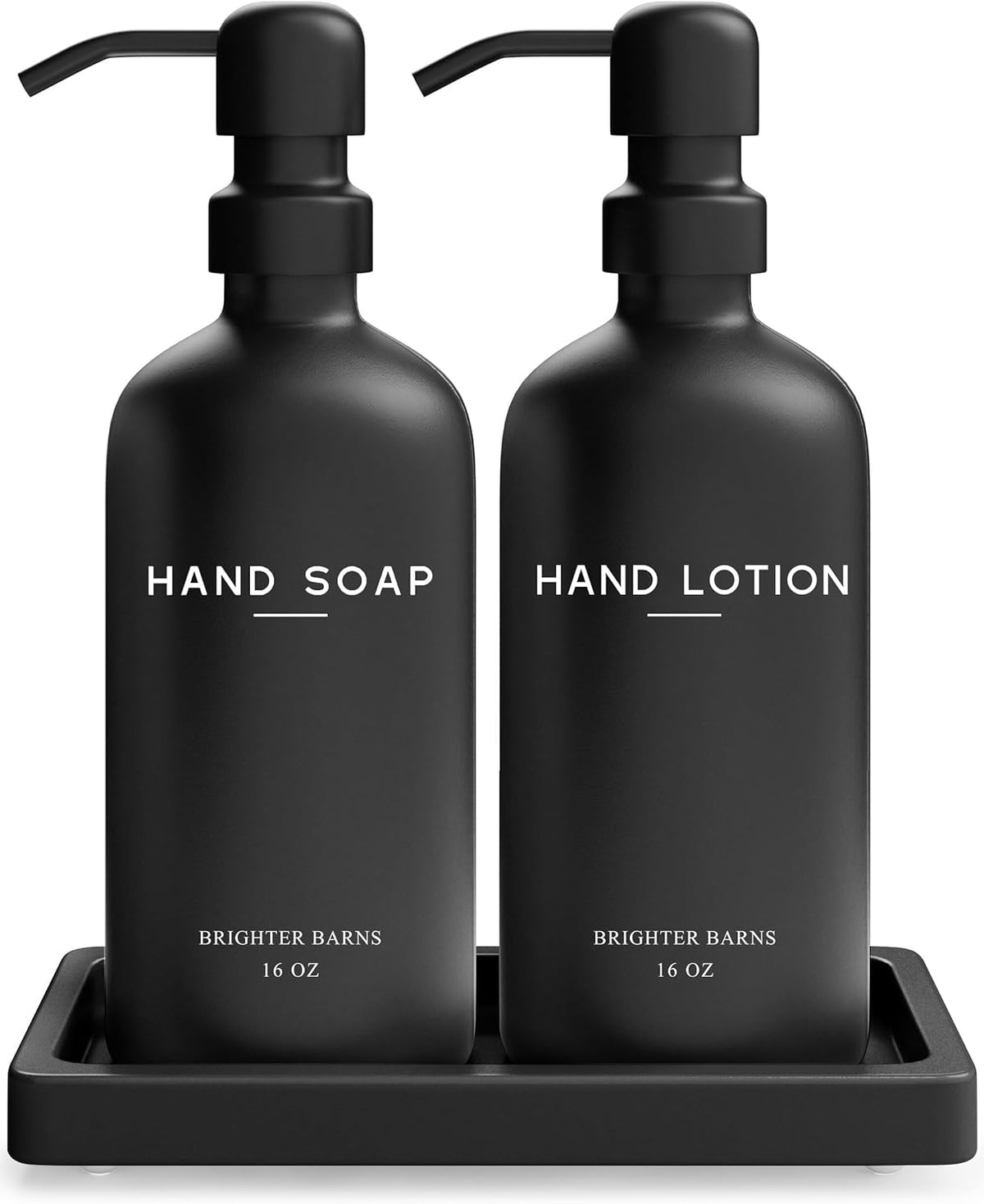 Black Glass Soap and Lotion Dispenser Set with Tray by Brighter Barns - Hand Soap Dispenser Bathroom Set & Stainless Steel Pump for Home - Modern Bathroom Accessories, Modern Decor (Black)