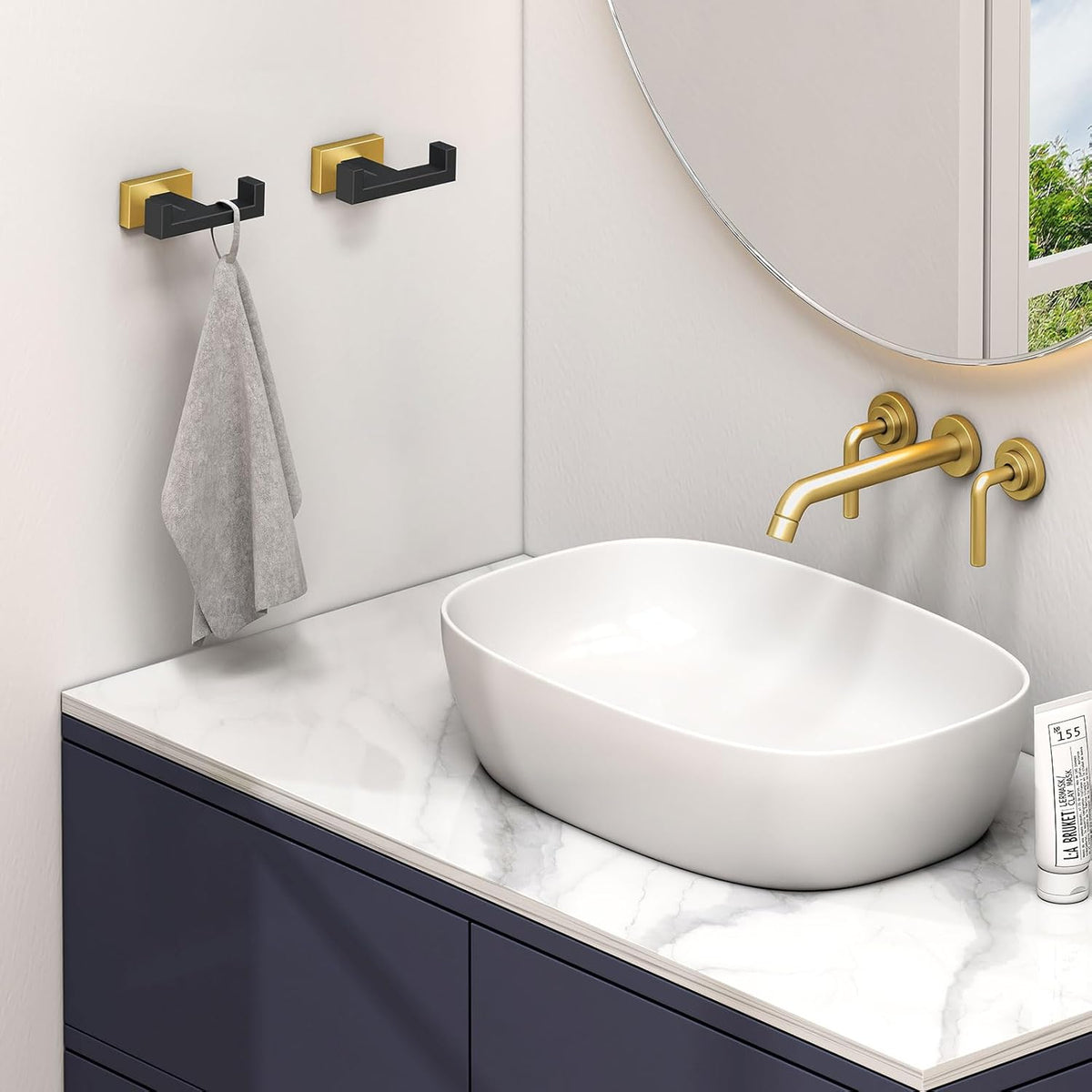 Angle Simple Towel Hook Black & Gold 2 PCS, Stainless Steel Double Hook for Bathroom, Square Robe Hook, Hand Towel Holder for Wall
