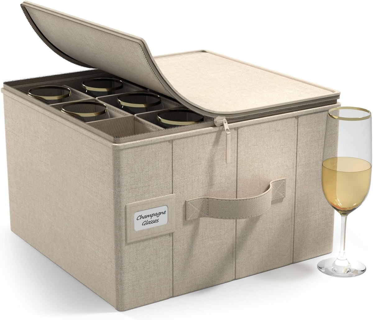 Sorbus China Storage Containers – Dinnerware Organizer for Champagne Flute Glasses with Lid (Holds Service for 12) with Felt Protectors – 13" x 10" x 10.6"