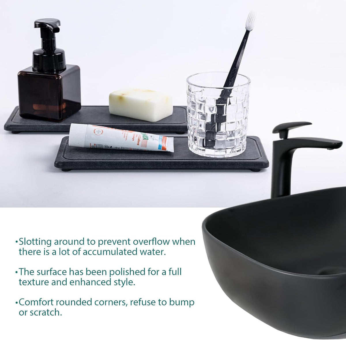 2 Pcs Water Absorbing Stone Trays, Kitchen/Bathroom Sink Soap Dish, Diatomite Tray Used for Hand Soap & Cosmetic Bottles in The Modern Home, 4" W x 10.2" L, Dark Gray