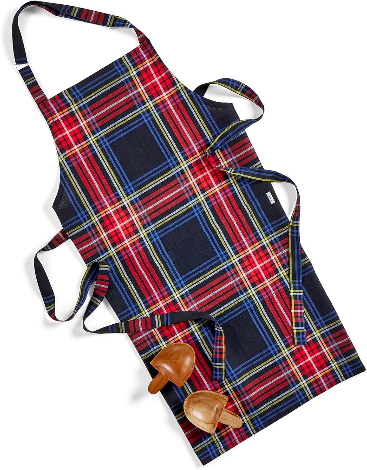 Solino Home Linen Bib Apron for Men & Women - Black Plaid Kitchen Apron with Front Pockets - Handcrafted from European Flax