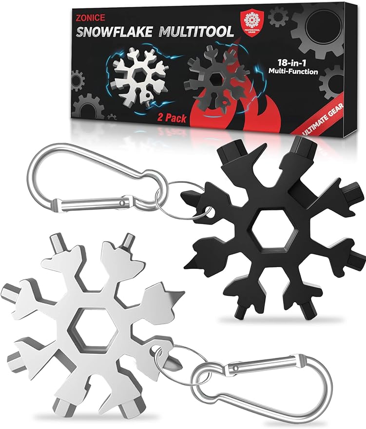 18-in-1 Snowflake Multi Tool – Stainless Steel with Bottle Opener & Wrench,Compact EDC Tool for Camping,Fishing,Hiking, Stocking Stuffers,Gifts for Men,Dad,Husband (Silver + Black)