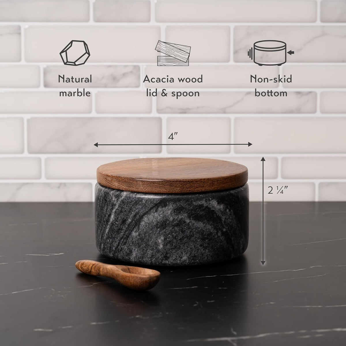 Cork & Mill Grey Marble Salt Cellar with Acacia Wood Lid and Spoon - Elegant Modern Salt Container for Countertop - Handcrafted Pepper Pot - Wide 4” Pepper Holder with Non-Skid Feet