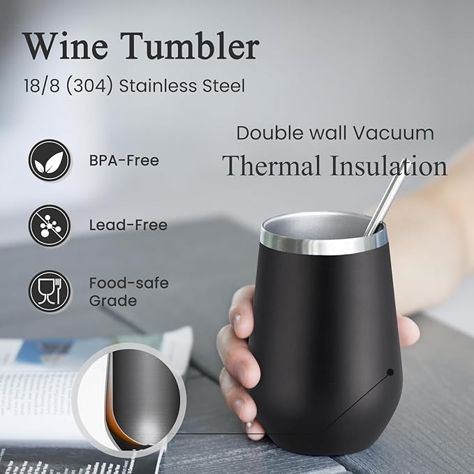 MEWAY 12oz/4 Pack Wine Tumbler Glasses with Lid - Stemless Double Wall Vacuum Stainless Steel Tumblers Keeping Cold & Hot for Wine - Family and Gifts, Ideal for Travel and Office(Black,Set of 4)