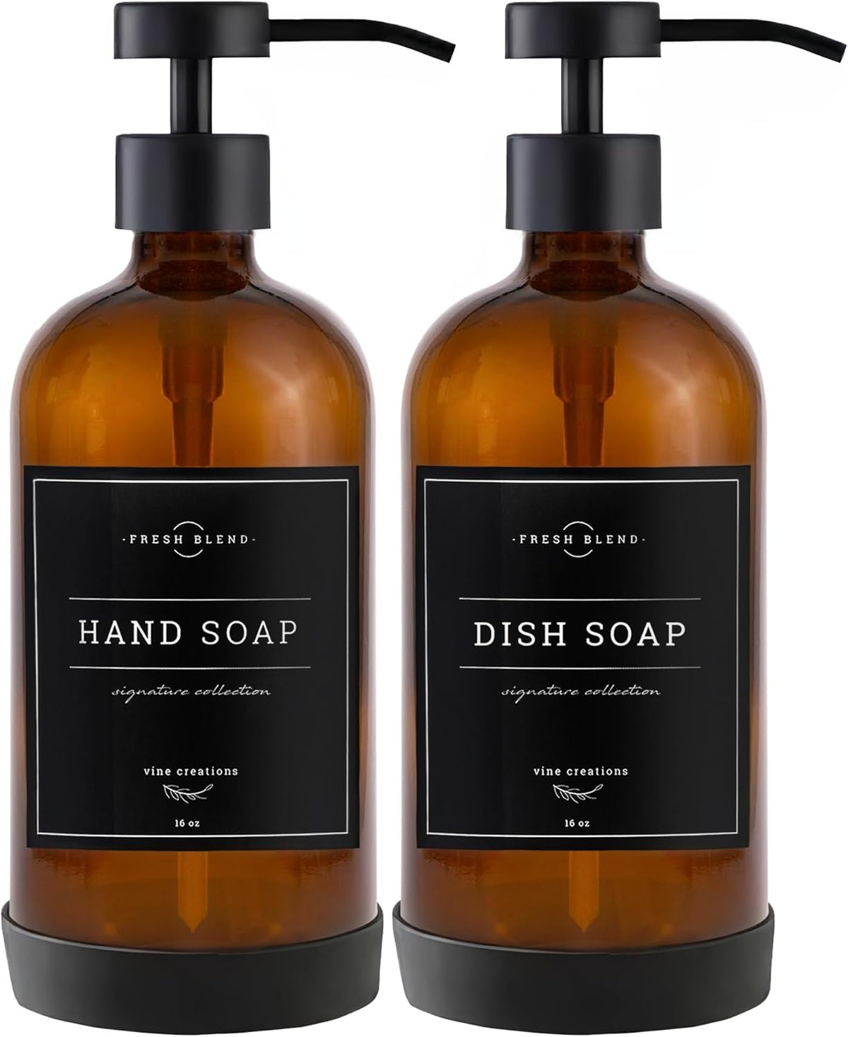 Vine Creations Amber Glass Soap Dispenser Set - Kitchen Soap Dispenser Set with Stainless Steel Pump - 16 oz Dish Soap and Hand Soap Dispensers for Bathroom with Silicone Pad & Waterproof Labels