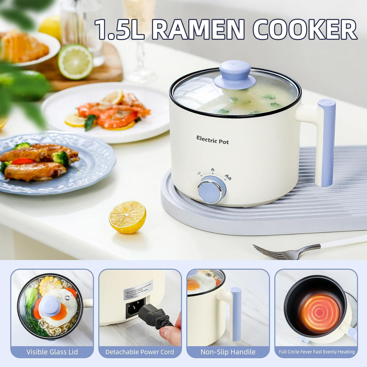Electric Hot Pot:1.5 L Ramen Cooker, Dual Power Mini Portable Multi-Functional Lazy Pot for Pasta, Noodles, Egg, Soup, Non-Stick Noodle Cooker with Boil Dry Protection for Dorm, Office (Beige)