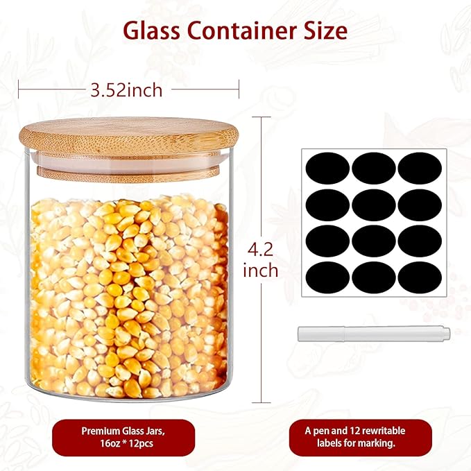 SLifeJars - Glass Jars with Bamboo Lids 16 oz, 12pcs Glass Food Storage Jars with Rewritable Labels, Bamboo Lid Jar for Kitchen Storage, Food Storage Containers with Lids for Herbs