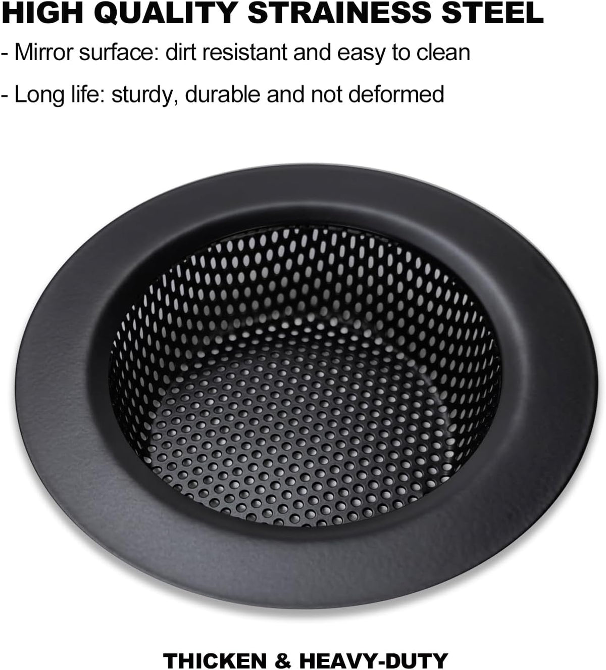 Black Kitchen Sink Drain Strainer, Sink Drain Cover, Food Catcher, Large Wide Rim 4.5" Diameter, Stainless Steel, Pack of 2