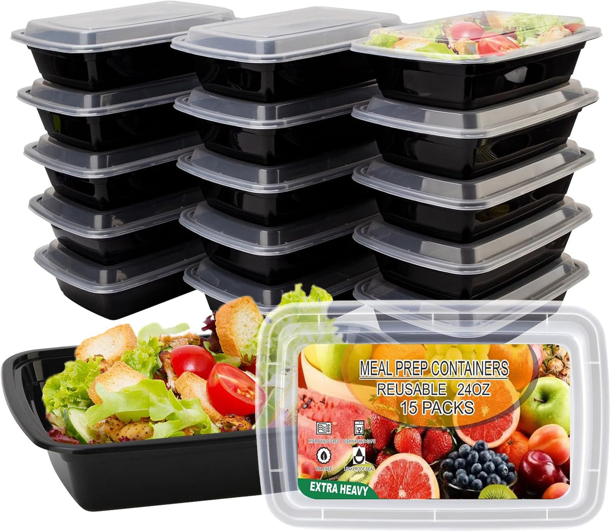 15 Pack Meal Prep Containers Reusable 24oz, Plastic Food Prep Containers, Leakproof To Go Food Containers with Lids, BPA-Free, Microwave/Dishwasher/Freezer Safe