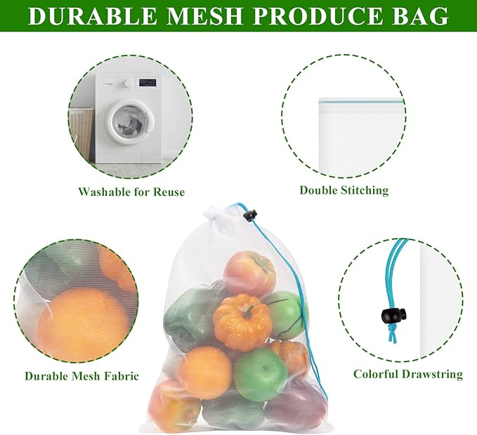 Set of 12 Washable Mesh Produce Bags - 12 Small Red (8"x12") See-Through Mesh Bags for Storage, Fruit, Vegetable, Toy
