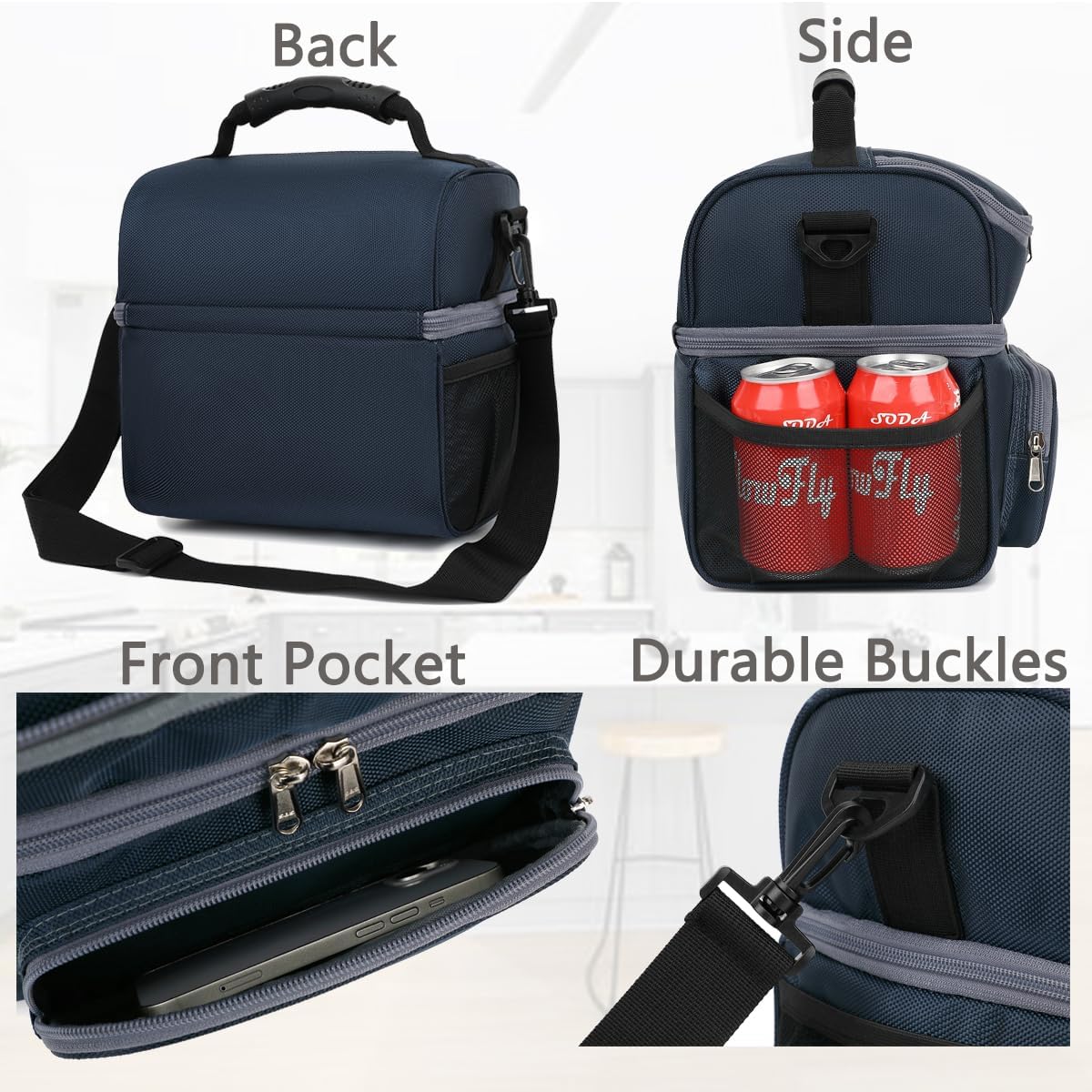 FlowFly Double Layer Cooler Insulated Lunch Bag Adult Lunch Box Large Tote Bag for Men, Women, With Adjustable Strap,Front Pocket and Dual Large Mesh Side Pockets