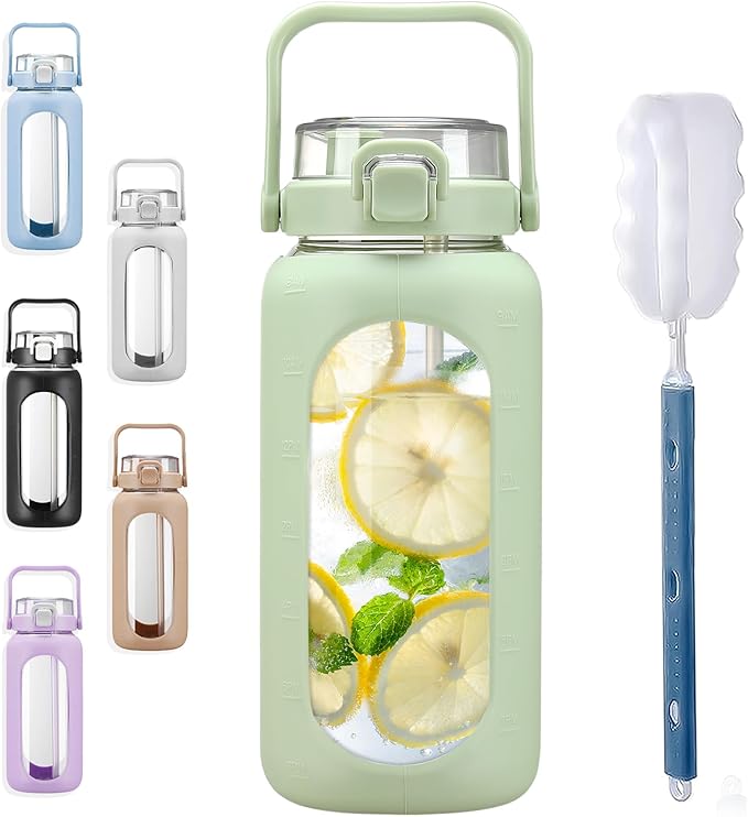 BLUEGO 64oz Glass Water Bottles with Straw Time Marker Half Gallon Large Motivational Water Bottle with Silicone Sleeve 2 Liter Large Glass Water Jug for Gym, Sports& Workout, Daily, Green