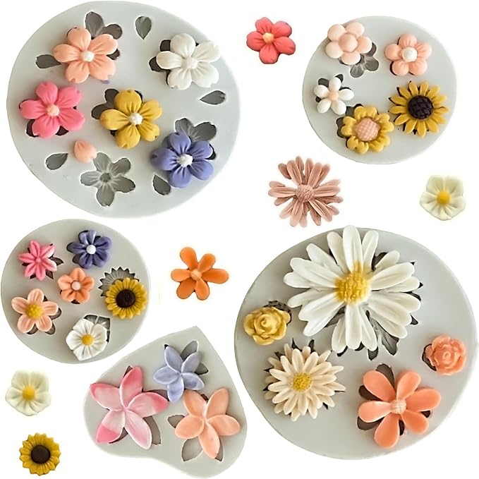 5Pcs Flower Molds Silicone Chocolate Mold Daisy Flower Fondant Polymer Clay Resin Mold Soap Ice Cube Jello Molds for Baking and Cake Cupcake Decorating