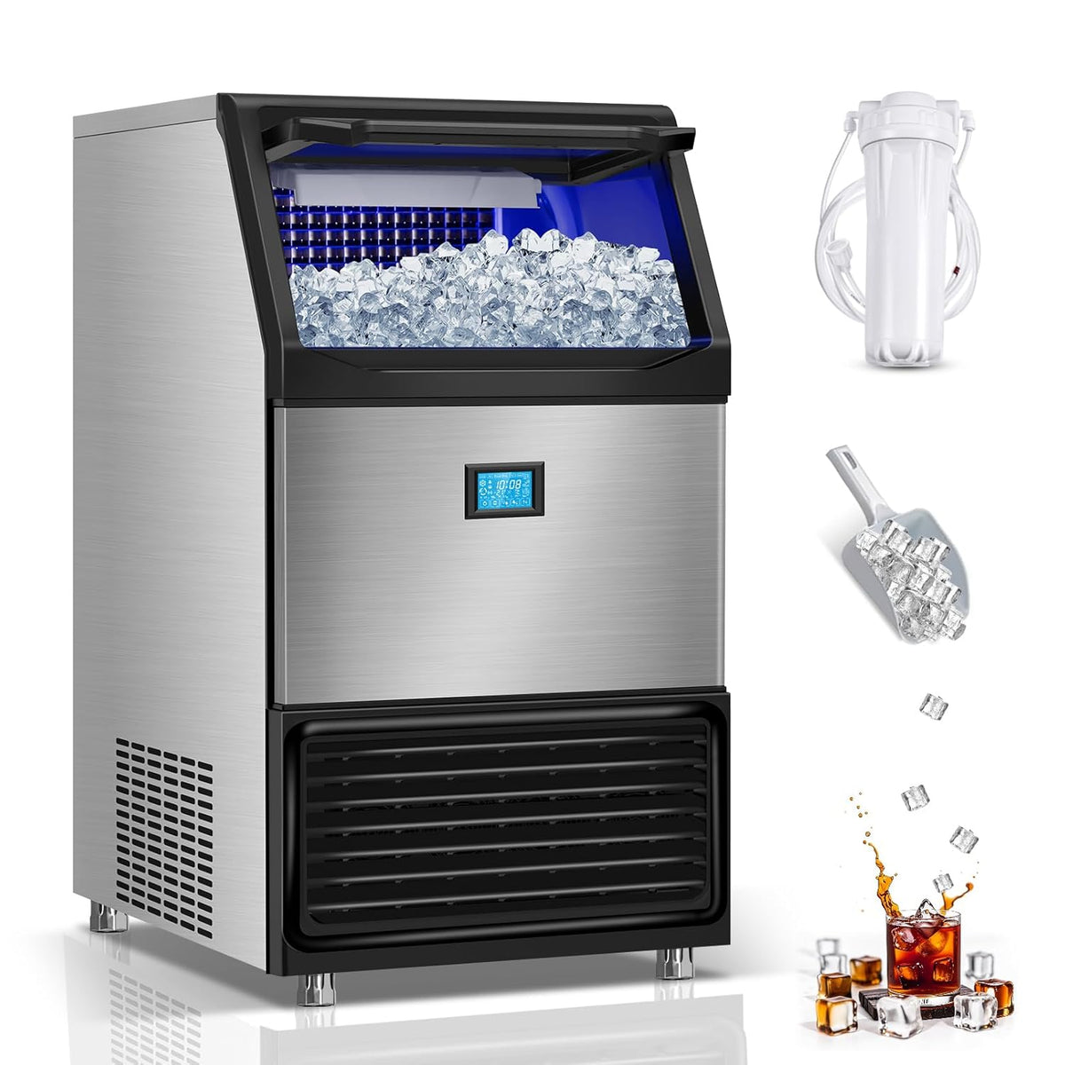 Commercial Ice Maker Machine 550LBS/24H with 185LBS Large Ice Storage Bin, 162Pcs Clear Ice Cubes in 11Mins, Stainless Steel Under Counter Industrial Ice Machine for Bar, Restaurant Business