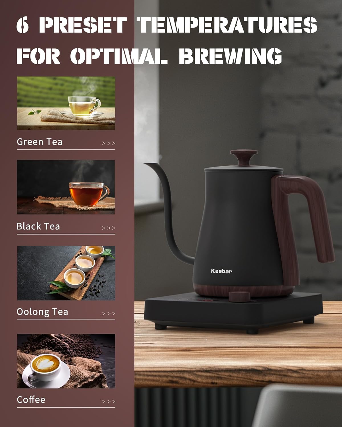 Electric Kettle, Electric Gooseneck Kettle with 6 Temperature Control Presets and LED Display, 0.8L/27.05oz, 0.8mm Ultra-Fine Spout, 304 Stainless Steel Inner, 1000W Gooseneck Kettle, Matte Black