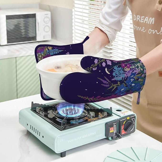 Wildflowers Florals Oven Mitts Pot Holders Set Silicone Heat Resistant Wildflowers Oven Mitts and Hot Pads Florals Potholders Non-Slip Oven Gloves for Cooking Baking Grilling BBQ