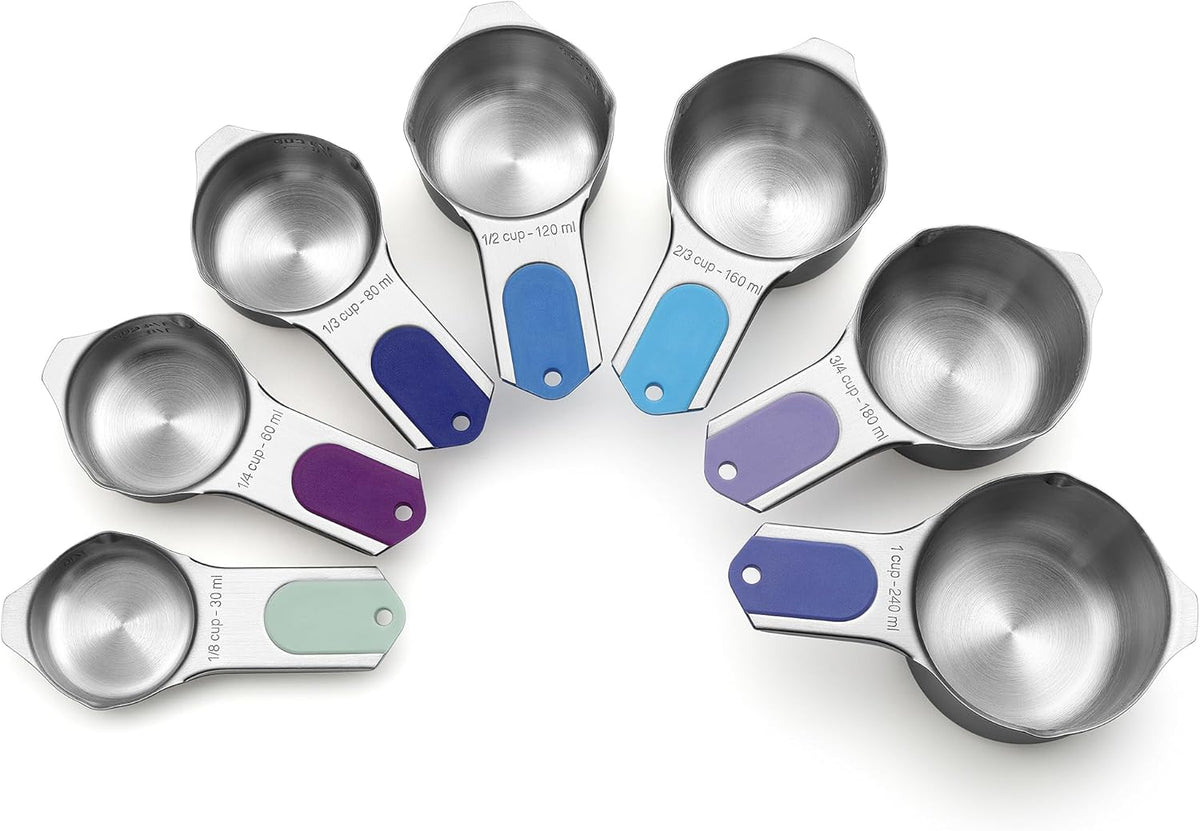 Spring Chef Magnetic Stainless Steel Measuring Cups, Patented, Kitchen Tools with Easy to Read Markings for Measuring Dry or Liquid Ingredients, Set of 7, Winter Frost