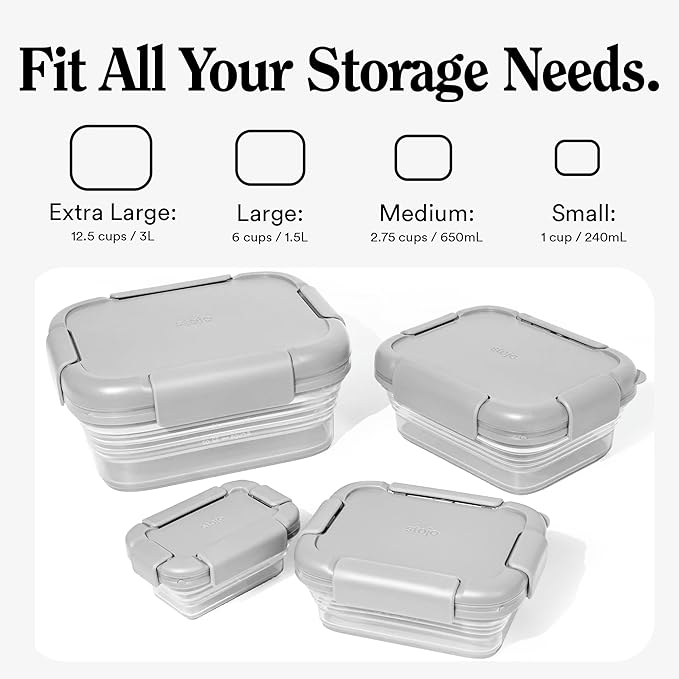 Stojo Nestable Collapsible Food Storage Container - Set of 4, Cashmere - Leak-Proof Airtight Seal Made With Food Grade Silicone For Meal Prep, Lunch Box, Pantry Organizer - Microwave & Dishwasher Safe