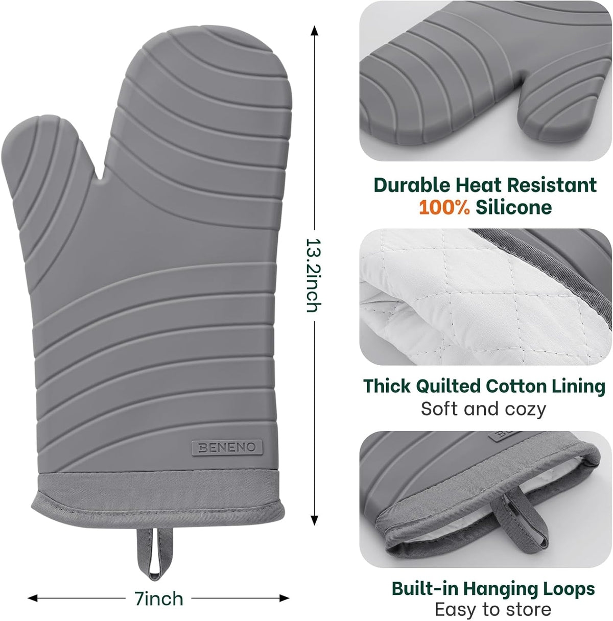 Beneno BPA-Free Silicone Oven Mitts, Heat Resistant Waterproof Oven Mitts with Non-Slip Textured Grip, Comfortable Quilted Lining, Kitchen Pot Holders for Cooking, Baking, Grilling, 7"x13", 2Pcs Gray