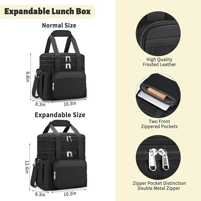 holuxer Insulated Lunch Bag & Lunch Box for Men - Double Deck Reusable Lunch Bag for Women Tote Cooler Bag Leakproof Soft Expandable - Large Lunchbox for Work/Adult/Picnic/Outdoor (Black，15L)
