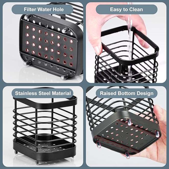 Utensil Holder, Stainless Steel Utensil Drying Rack for Kitchen Counter, Silverware Cutlery Flatware Holder Forks, Knives, Spoons, Chopsticks Organizer (Black)