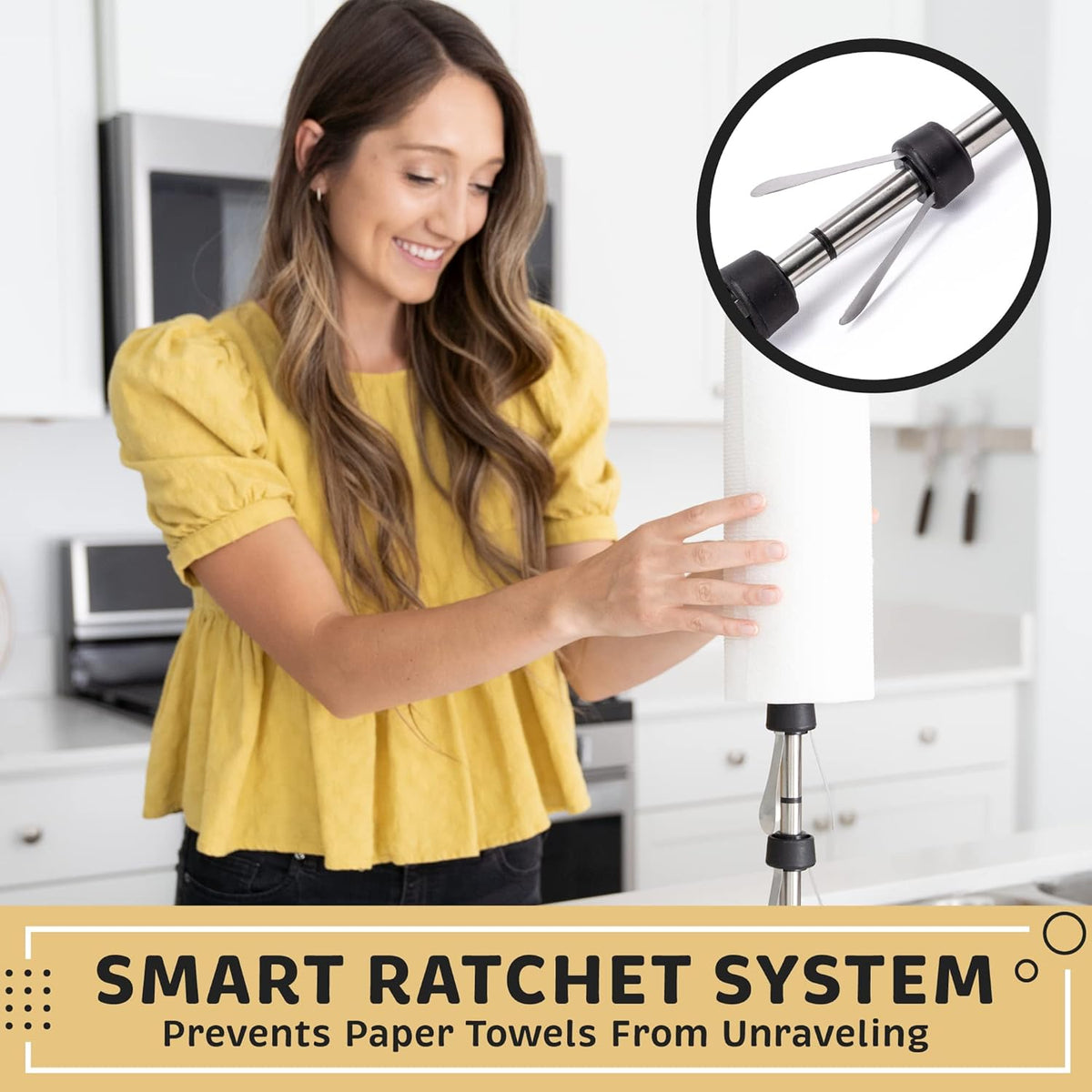Stainless Steel White Paper Towel Holder Designed for Easy One-Handed Operation - This Sturdy Weighted Paper Towel Dispenser Countertop Model Has Suction Cups and Holds All Paper Towel Rolls