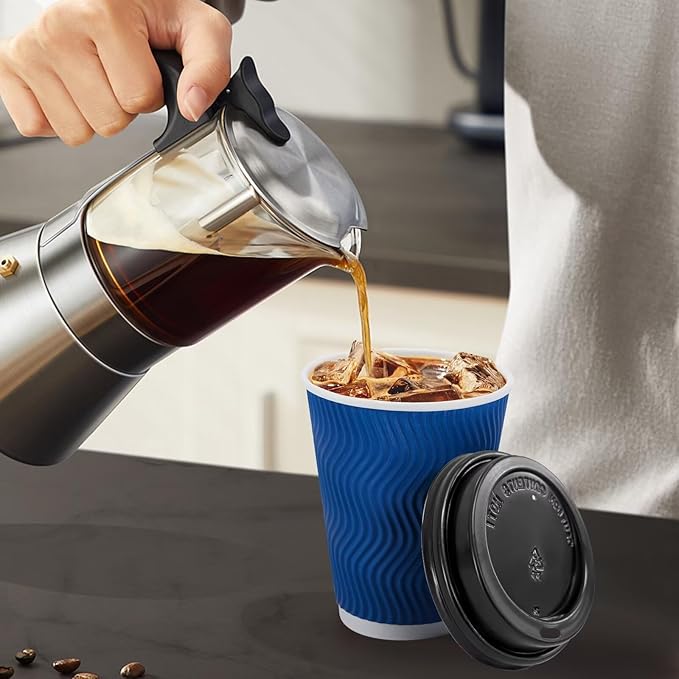 100 Pack Coffee Cups with Lids 12oz, Disposable Insulated Ripple Wall To Go Paper Coffee Cups for Hot/Cold Drinks Office Home Shop Event (Navy)