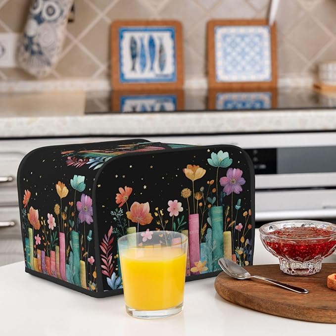 Toaster Cover 4 Slice Books Flower Botanical Kitchen Small Appliance Covers with Pockets Dust and Fingerprint Protection