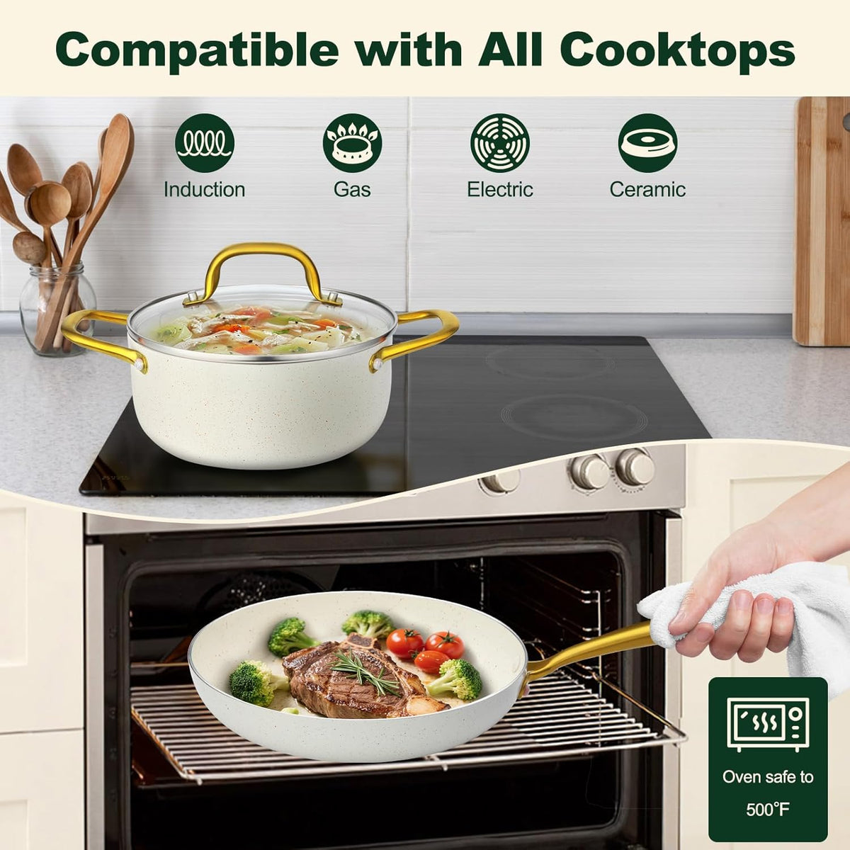 Pots and Pans Set Non Stick, 7 Piece White Granite Induction Cookware Set, Nonstick Kitchen Cooking Set with Gold Handle and Utensil, Oven Safe (PFOS, PFOA Free)