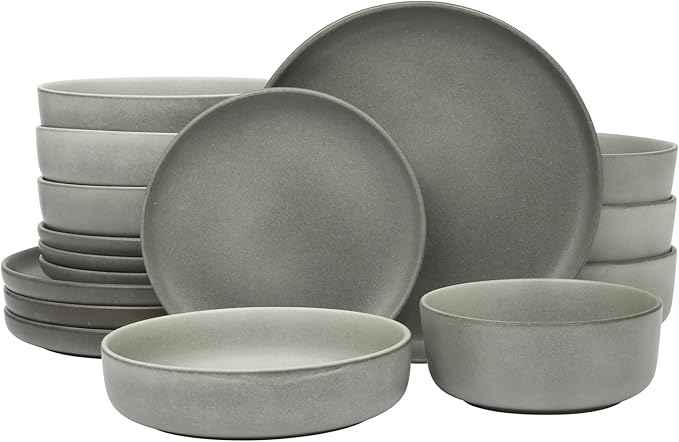 Gibson Elite Pasco 16 Piece (Service for 4) Plates and Bowls Double Bowl Reactive Glaze Dishes Stoneware Ceramic Dinnerware Set - Grey