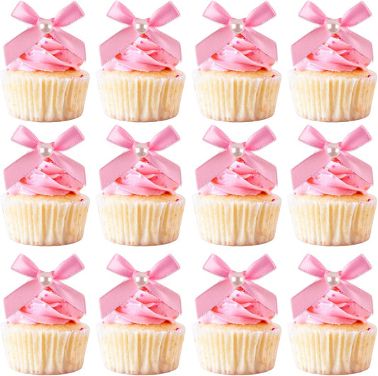 12 Pcs Mini Pink Pearl Bow Cake Toppers Pearl Bows Cake Decorations Ribbon Bowknot Birthday Cupcake Topper Pearls Bow Knot Ornament for Bachelorette Birthday Engagement Wedding Party Supplies