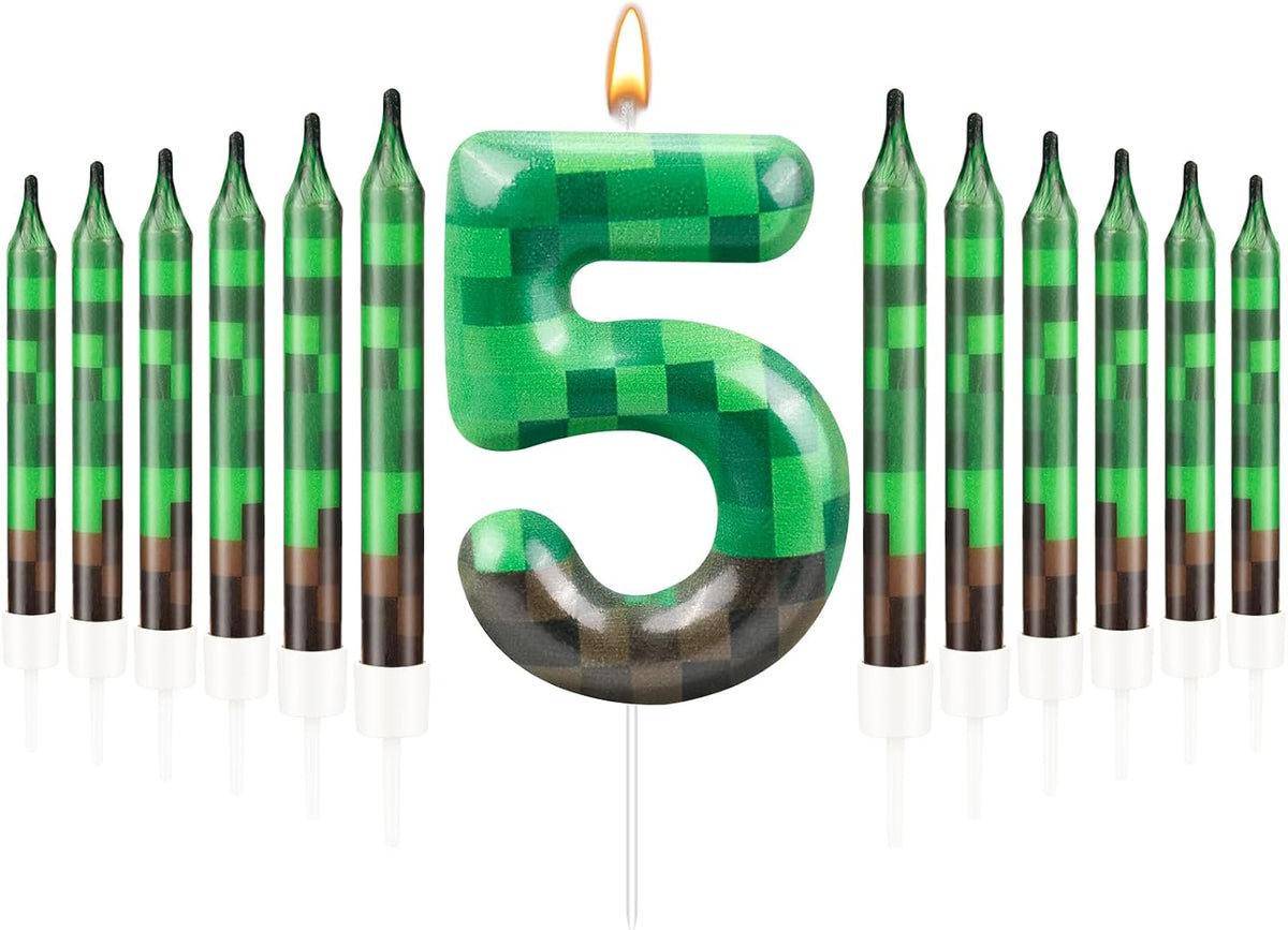 13 Pcs Dynamite Candles 12 TNT Themed Birthday Cake Candles and Number 5 Candle Cake Topper for Pixel Theme Birthday Party Anniversary Party Dynamite Theme Party Video Game Party Supplies (Number 5)