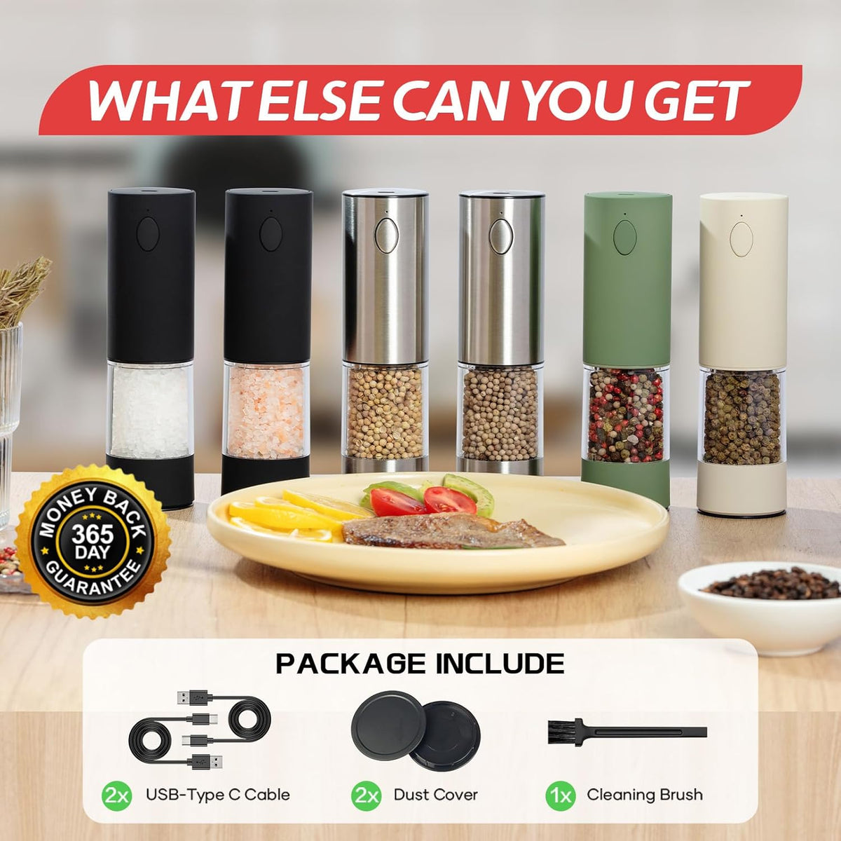Electric Salt & Pepper Grinder Set (2 Pack) – USB Rechargeable, Adjustable Coarseness, One-Handed Operation with LED Light – Automatic Spice Mill Shaker for Kitchen, Dining, or Camping