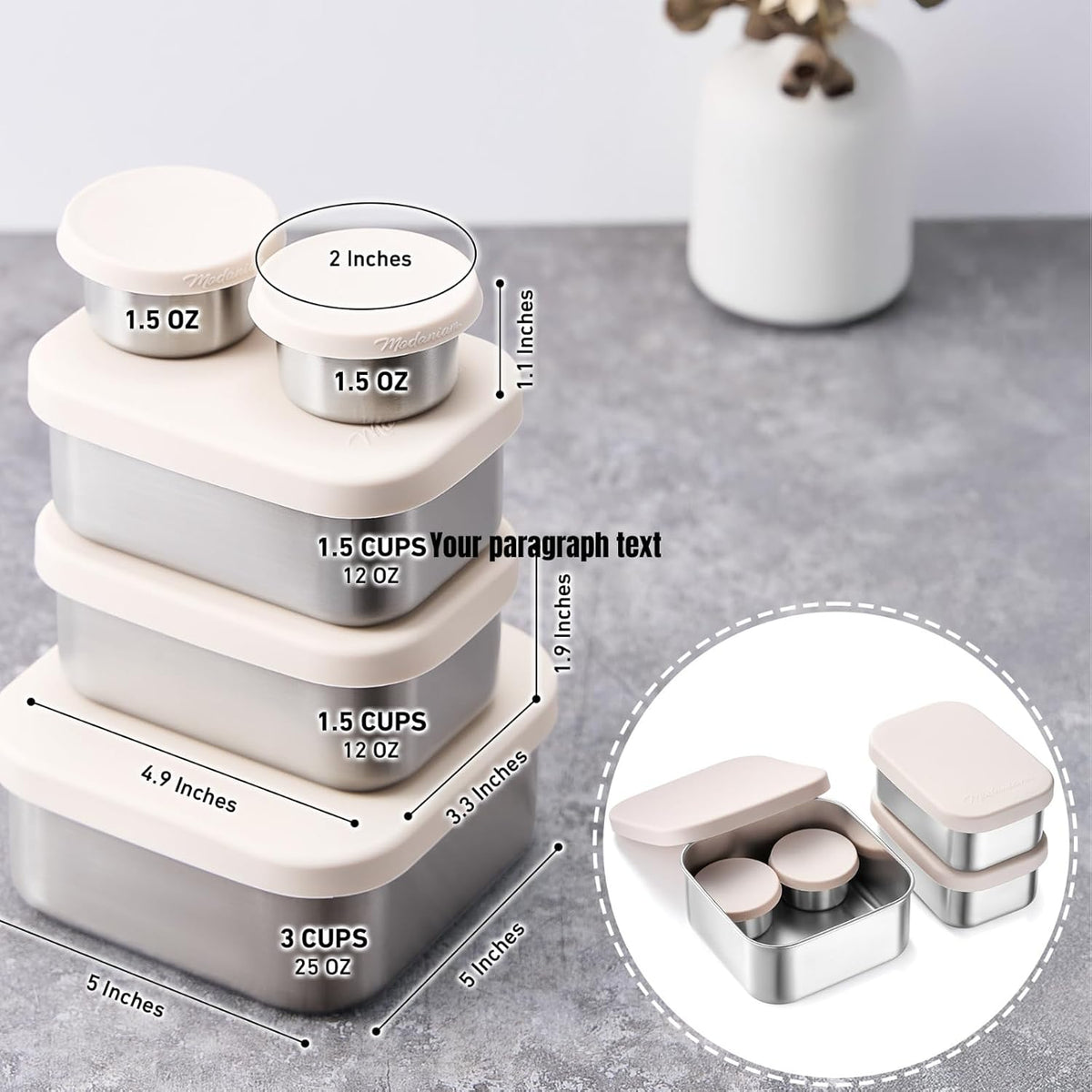 Flexibento - Leak proof Stainless Steel Lunch Box | Lunch Containers with Silicone Lids | Steel Bento Box |Metal lunch Box|1 * 25 OZ+ 2 * 13 OZ + 2 * 2 OZ| Set Of 5 |Vanilla