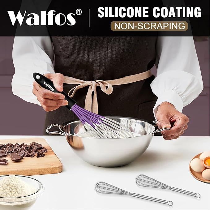 Walfos Whisk, Silicone Whisks Set of 5, Mini Stainless Steel Whisk 7+5in & Non Scratch Coated 7+9+11in Whisks, Suitable for Blending, Whisking, Beating, Frothing & Stirring. (Purple)