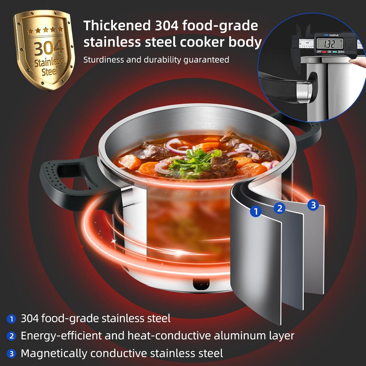304 Stainless Steel Pressure Cooker 4 QT (4.22 Quart) - Explosion-Proof Safety Lock, One Hand Operation, Fast Cooking, Dishwasher Safe & Induction Compatible Cookware, Deeluban