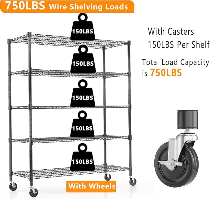 Himimi 82" H Storage Shelves 5 Tier Metal Shelving Adjustable Wire Shelf with Wheels, Heavy Duty Shelving for Garage Kitchen Pantry Bathroom Laundry,18" D*48" W*82" H, Black