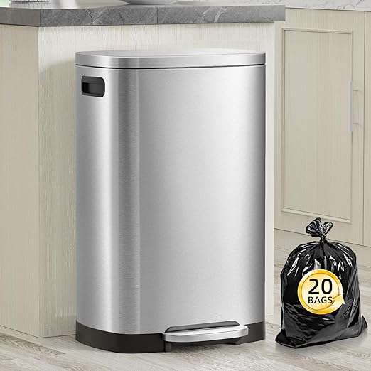 KdbK 13 Gallon Trash Can with Lid, 50L Fingerprint Proof Stainless Steel Kitchen Trash Can with Removable Inner Bucket and Lid Soft Close, Pedal Rubbish Bin for Home Office