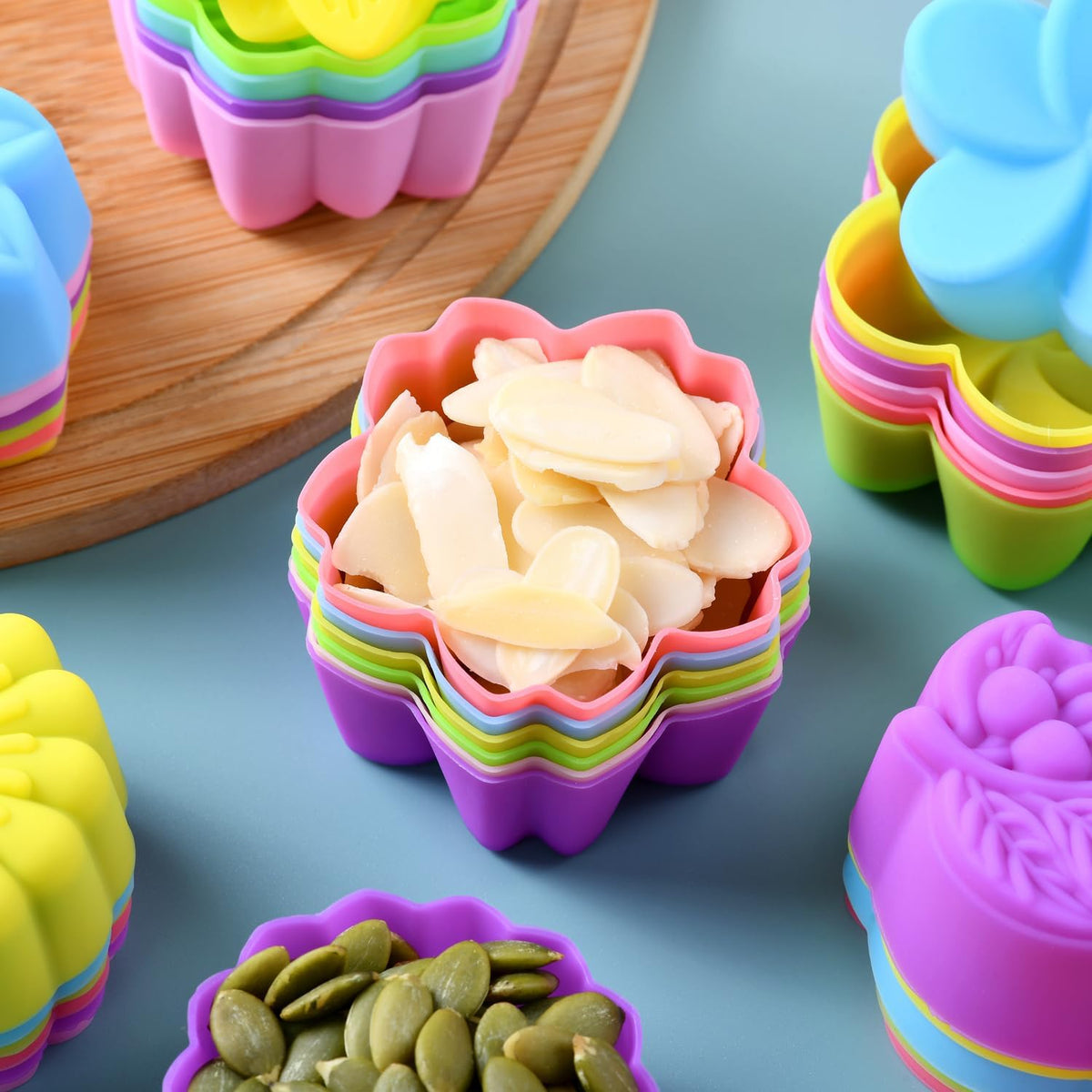 Reusable Silicone Baking Cups, 2 Inch Mini Size Silicone Cupcake Liners for baking, Multi Flower Shapes reusable Muffin Liners, Pack of 42