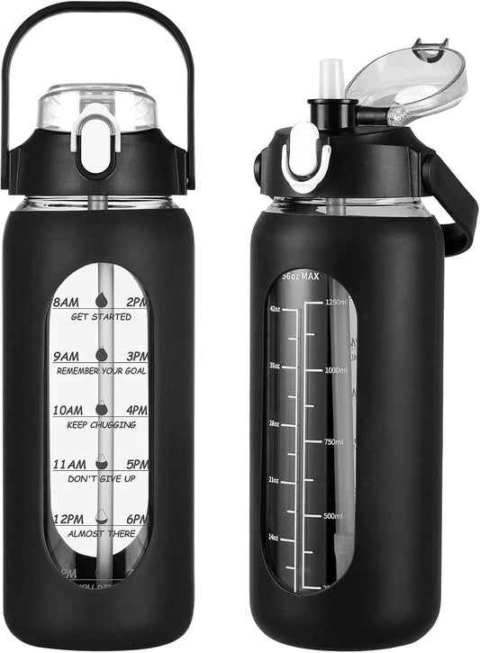 kytffu 56oz Glass Water Bottles with Straw, Motivational Glass Bottle with Silicone Sleeve and Time Marker, Leakproof Large Glass Water Jug for Gym Home Office, Black.