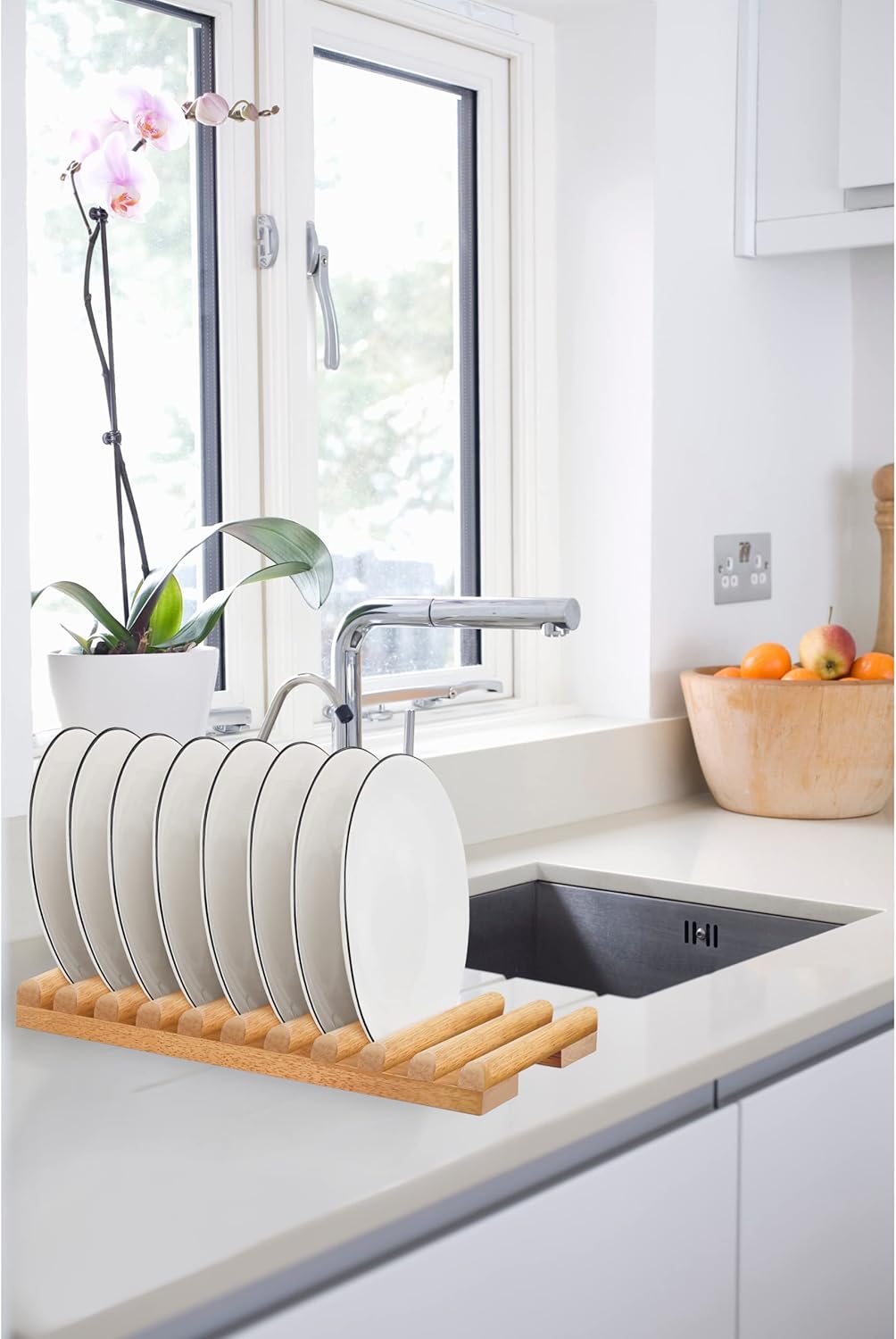 Solid Wood Kitchen Dish Drying Rack 10 Slots Plate Organizer for Cabinet New Apartment Essentials Plate Holder for Kitchen Display Countertop (Pack of 2)