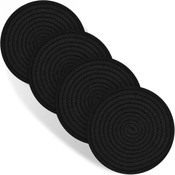 Trivets for Hot Dishes, 4 Pot Holders for Kitchen, Heat Resistant Mats for Countertop, 8 Inch Hot Pads for Hot Pots and Pans, Coaster, Home Essentials, Rustic Farmhouse Decor (Black)