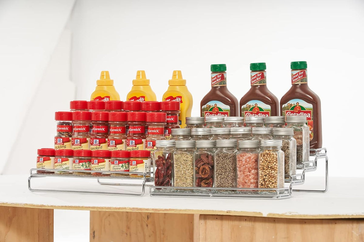 GONGSHI Spice Rack Organizer for Cabinet, 4 Tier Seasoning Organizer, Expandable Shelf,Step Storage Holder, Kitchen Cabinet Countertop,with Protection Railing, Metal (Chrome2 PC)