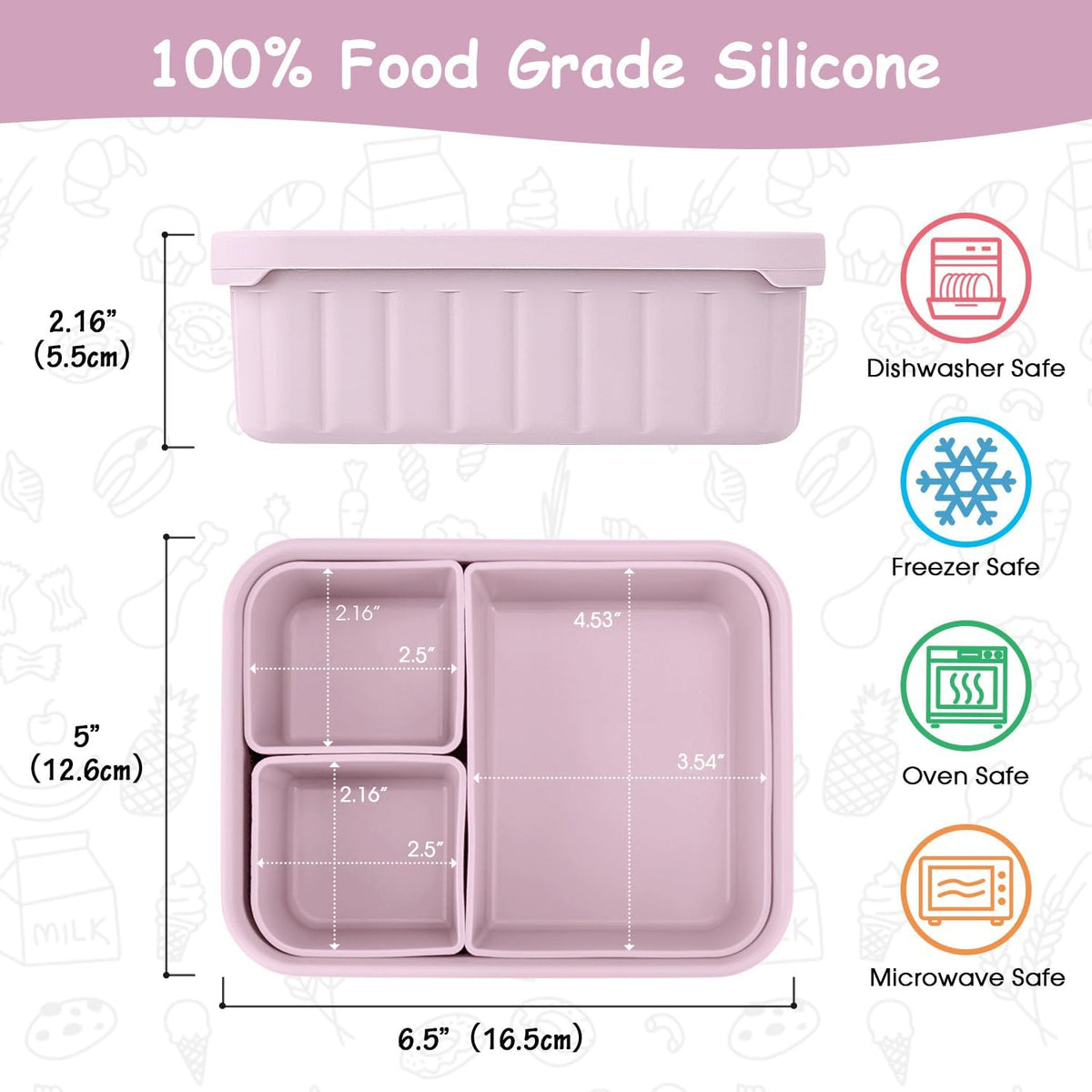 Bento Lunch Box for Kids-Reusable Silicone Kids Bento Box Lunch Container Leakproof Lunchbox Meal Prep Food Storage Containers with 3 Removable Compartments–Dishwasher Safe/BPA Free/Portion Control
