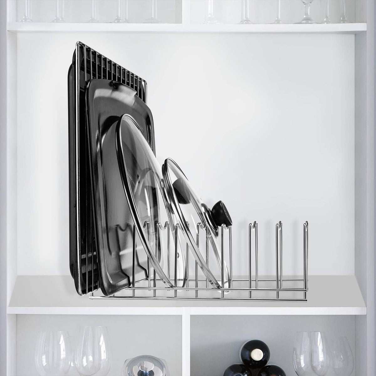 Pot Lid Organizer, Stainless Steel Pot Lid Storage Rack Holder, Cutting Board, Bakeware, Pots & Pans, Serving Trays, Reusable Containers in Cabinet Pantry on Countertop(Satin Nickel, 2)