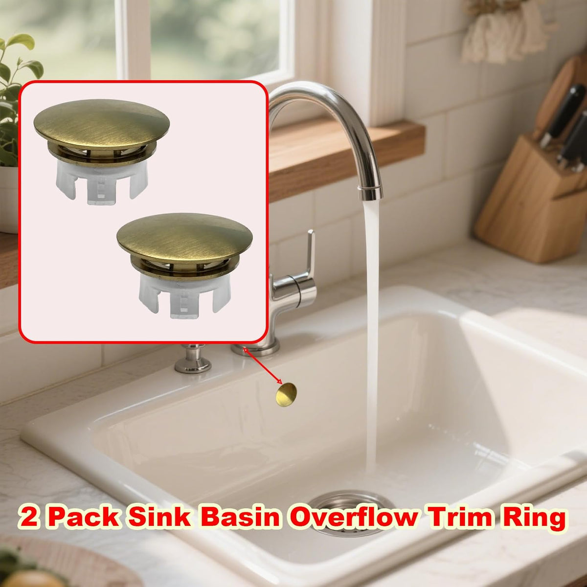 2 Pack Sink Basin Overflow Trim Ring,Solid Brass Bathroom Sink Trim Overflow Cover,Bathroom Kitchen Sink Trim Overfolow Cover Insert in Hole Round Caps(Gold)