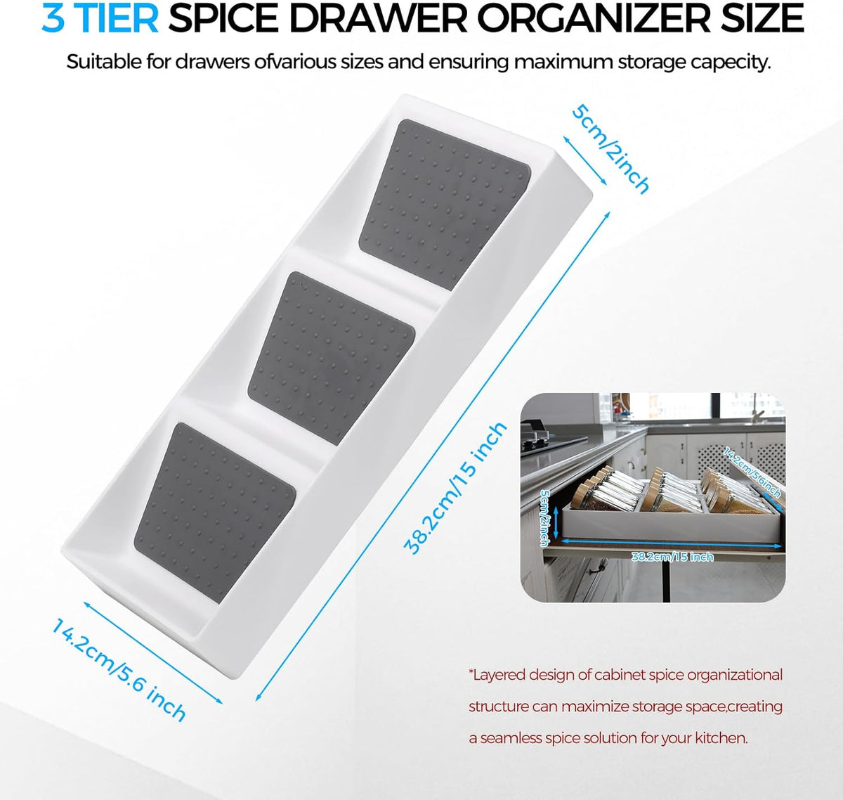 Spice Drawer Organizer, 3 Tier Non-Slip Silicone Seasoning Jars Drawer Insert, Spice Rack Organization for Kitchen Spice Rack Tray for Cabinet Countertop Makeup Storage-2 Pack