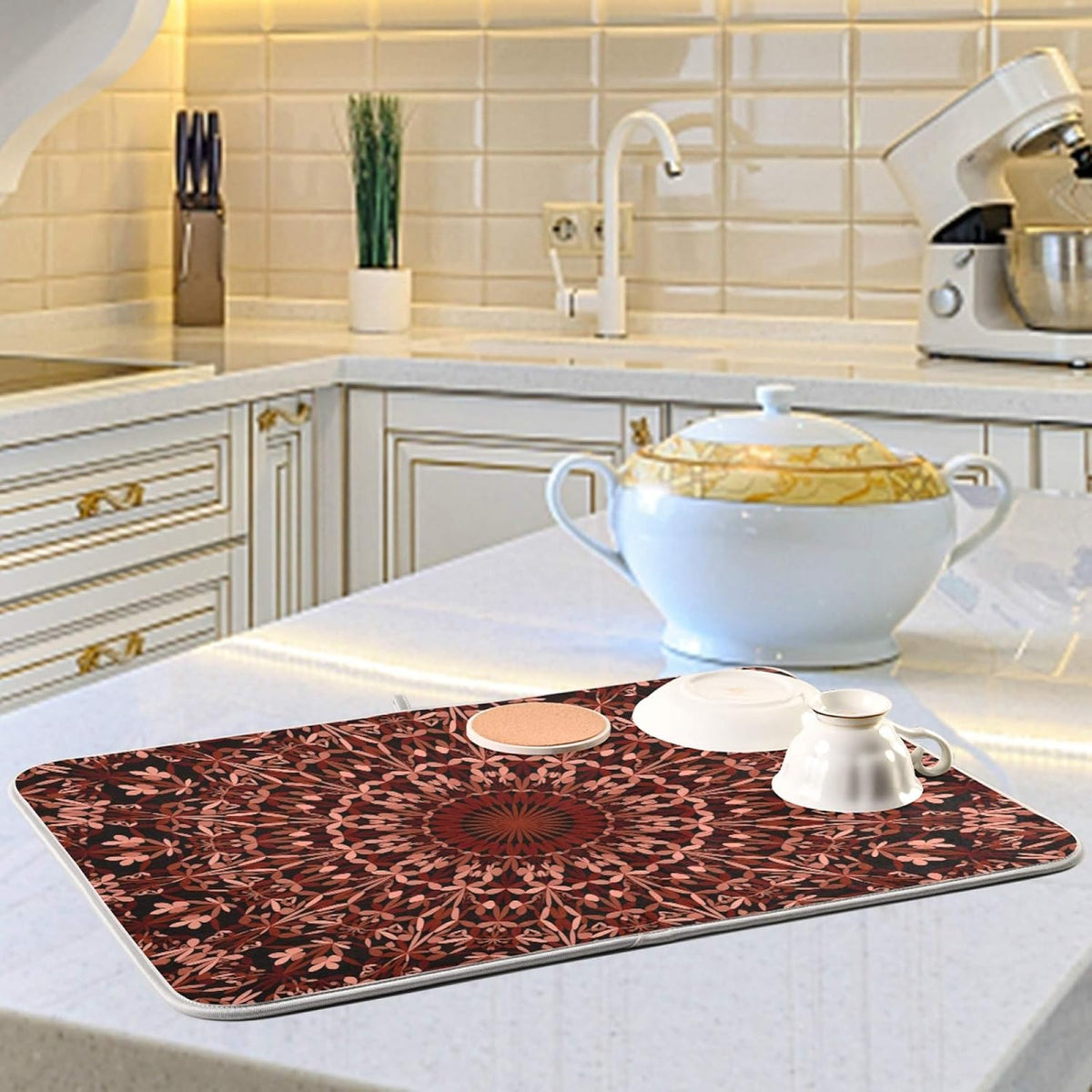 Super Absorbent Dish Drying Mat, Microfiber Fast-Drying Dish Mat, 24" x 18", Kitchen Dish Drying Pad, Mandala Maroon Boho