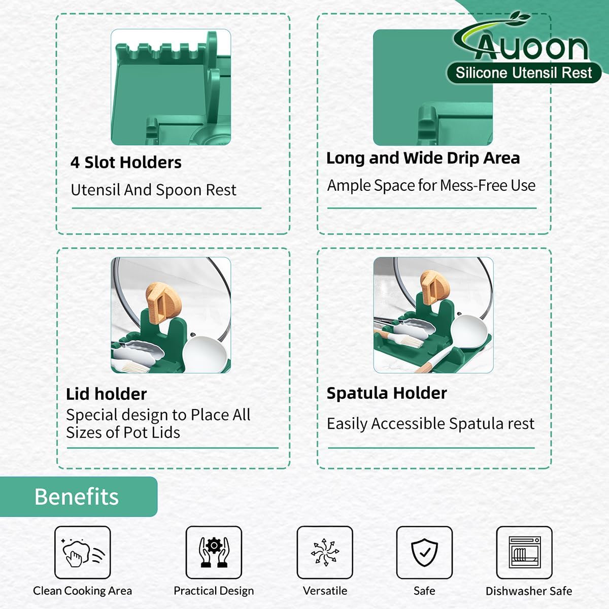 AUOON Spoon Holder for Stove - Silicone Spoon and Lid Rest with Drip Pad Kitchen Utensil Rest for Spoons, Ladles, Spatulas, Tongs & More (Sea Blue, Large)