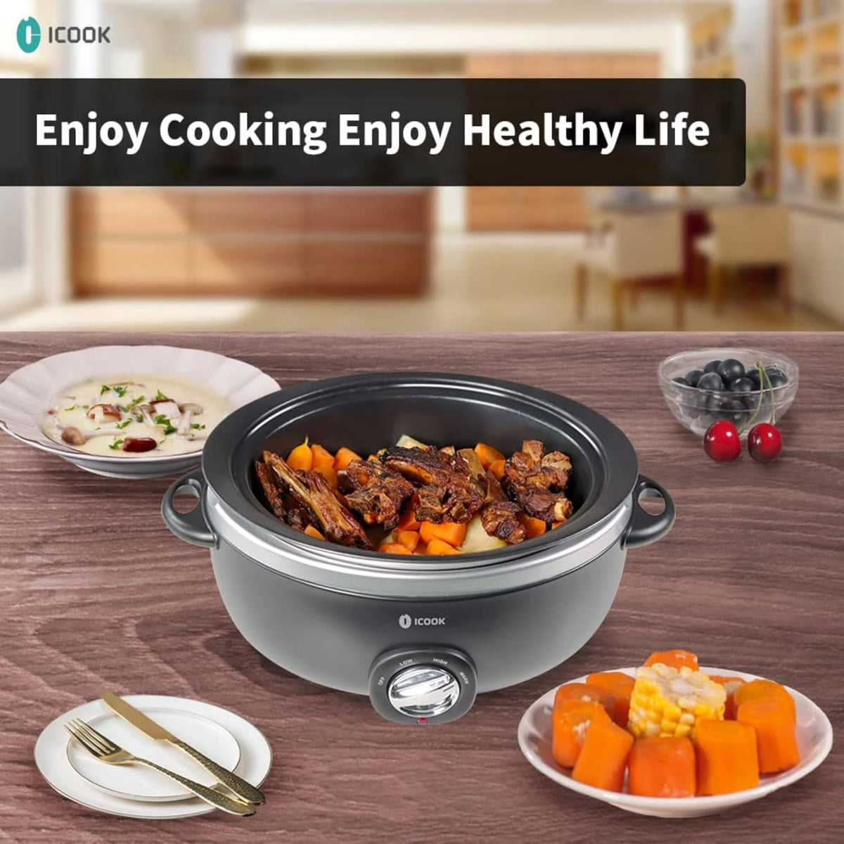 ICOOK 6.5 Quart Slow Cooker, Simmer Pot with Transparent Glass Cover, Cooks Entrees, Adjustable Temp, Sauces, Soups, Roasts, Stews and Dips (Black)